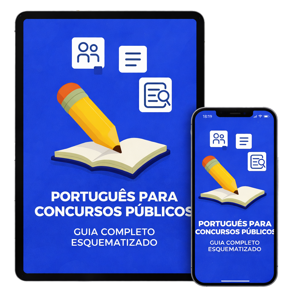 Guia Esquematizado de Português para Concursos - Mockup de tablet e celular mostrando o material
